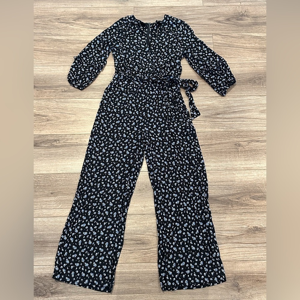 Madewell Black Ruffle-Sleeve Tie-Waist Floral Jumpsuit in Baby’s Breath XS - Picture 6 of 11